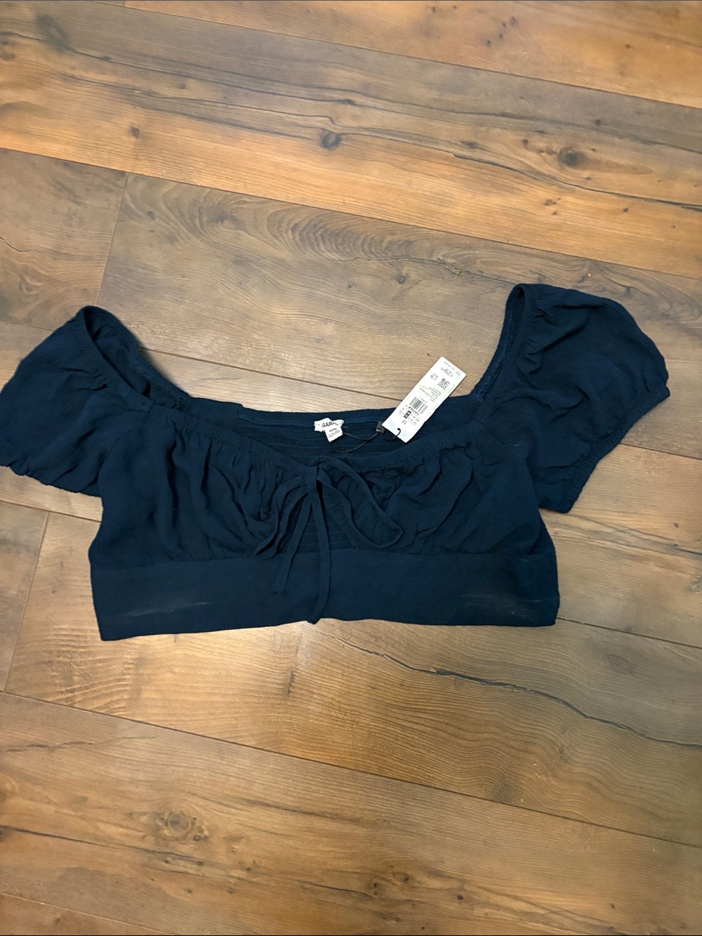 Garage Navy Off-Shoulder Crop Top with Front Tie